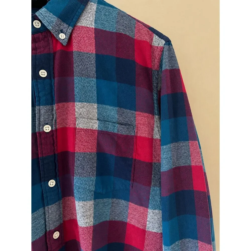 J Crew Mens Slim Flannel Plaid Shirt Size M Burgundy Navy Preppy Fall